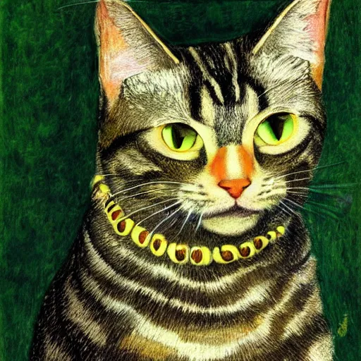 Image similar to portrait of a dark tabby cat with green eyes, intricate, elegant, highly detailed, smooth, sharp focus, illustration, art by gustav klimt