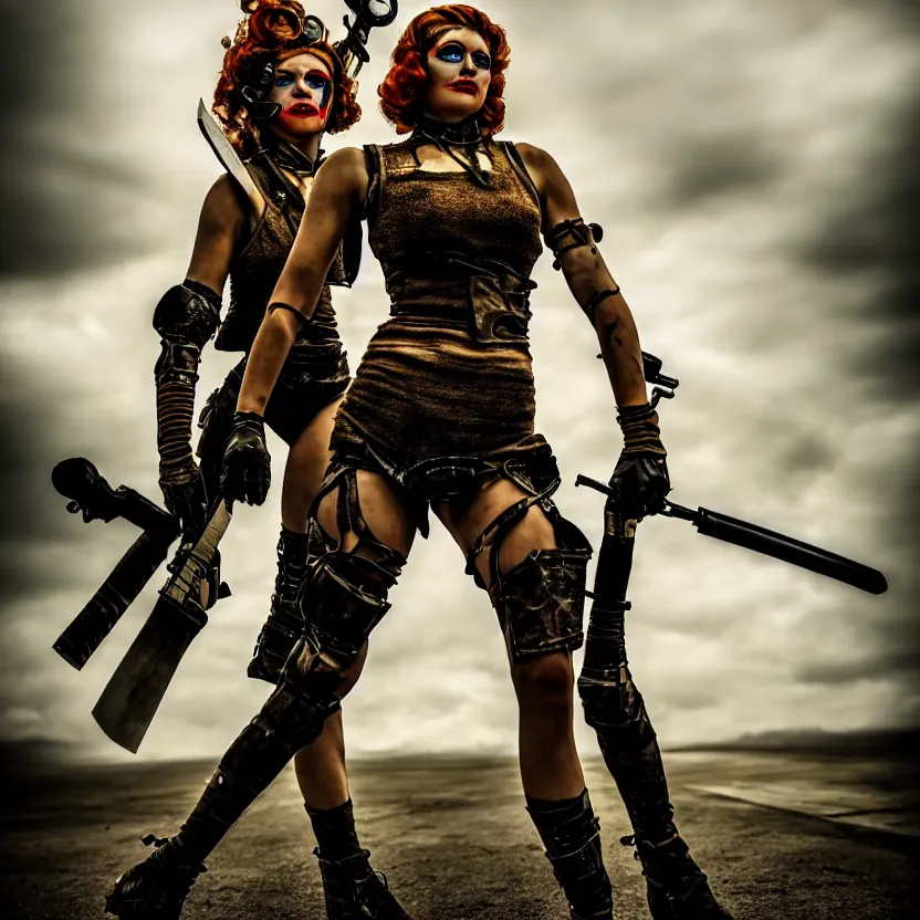 Image similar to full length photo of a very beautiful female atompunk warrior with weapons, 8 k, hdr, smooth, sharp focus, high resolution, award - winning photo