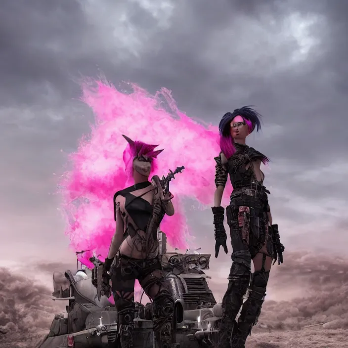 Image similar to beautiful apocalyptic woman with pink Mohawk, standing on mad max panzer tank, 4k ultra hd, fantasy dark art, smooth, artstation, octane render