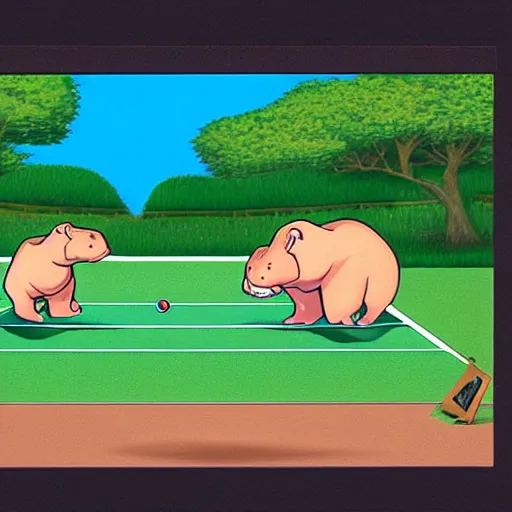 Image similar to anthromorphic hippos playing badminton by Ken Sugimori