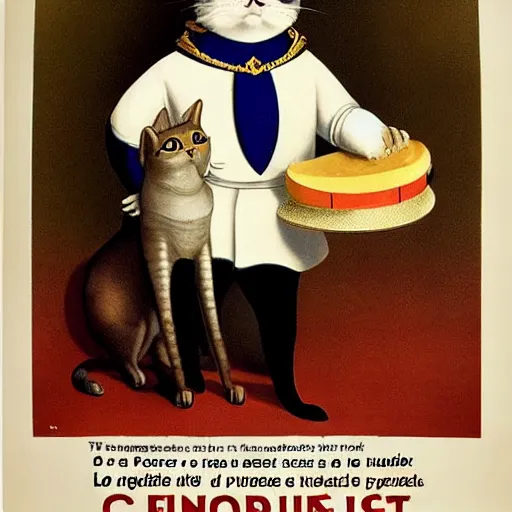 Image similar to a propaganda poster depicting a cat dressed as French emperor Napoleon holding a piece of cheese