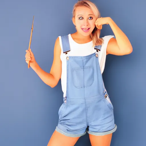 Image similar to full body portrait, attractive Female adventurer, soft eyes and narrow chin, dainty figure, single strap paint covered overalls, short shorts, combat boots, raining, basic white background, crisp lines and color,