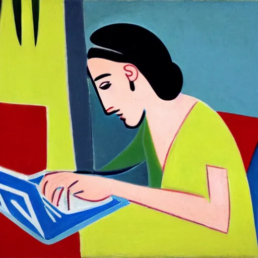 Image similar to close - up of a frustrated young woman coding on her laptop, by matisse 1 9 4 5. early morning, hot coffee