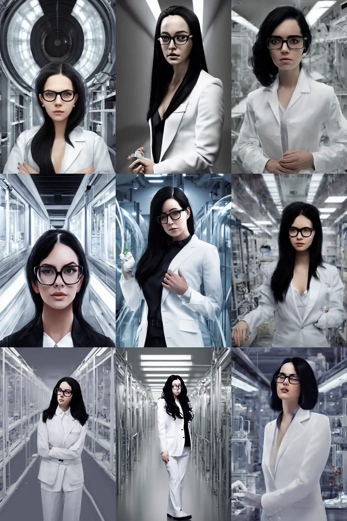 Prompt: a portrait of a beautiful woman with black hair, wearing white suit and glasses, standing inside a research facility, smooth, focus, highly detailed, hyper realistic, dramatic lighting, elegant, intricate, concept art, art by wlop, mars ravelo, greg rutowski, artstation