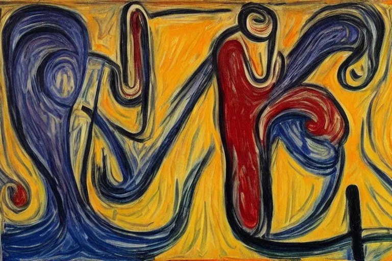 Image similar to Edvard Munch's 'kanye west and music notes', painting, expressionism, music notes, music notes