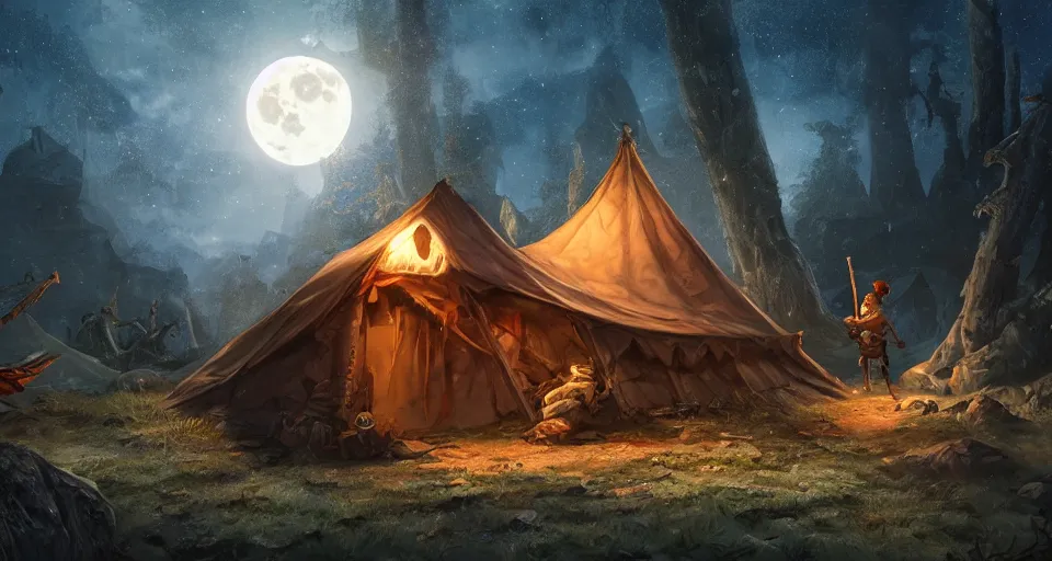 Image similar to an epic fantasy adventurer's camp with a hide tent at night with a full moon, a single adventurer with red hair playing an instument, 4 k, extremely detailed. award winning, trending on artstation, 8 k, ultra wide angle