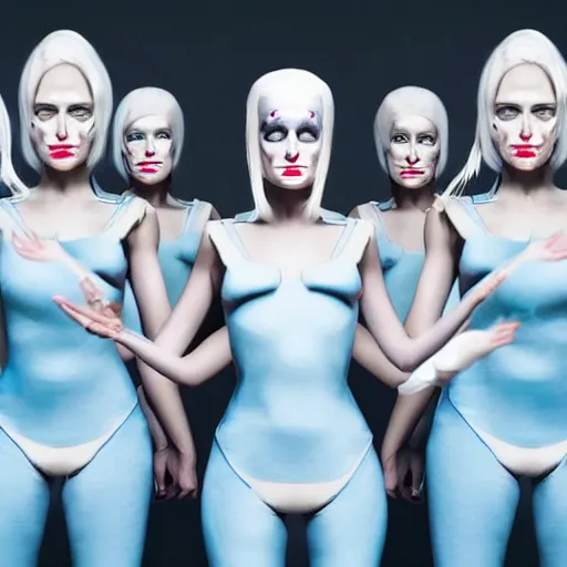 Prompt: troop of cloned freakshow women with white bob hairdos, tight light blue neopren suits, futuristic production facility, sci - fi, highly detailed, cinematic