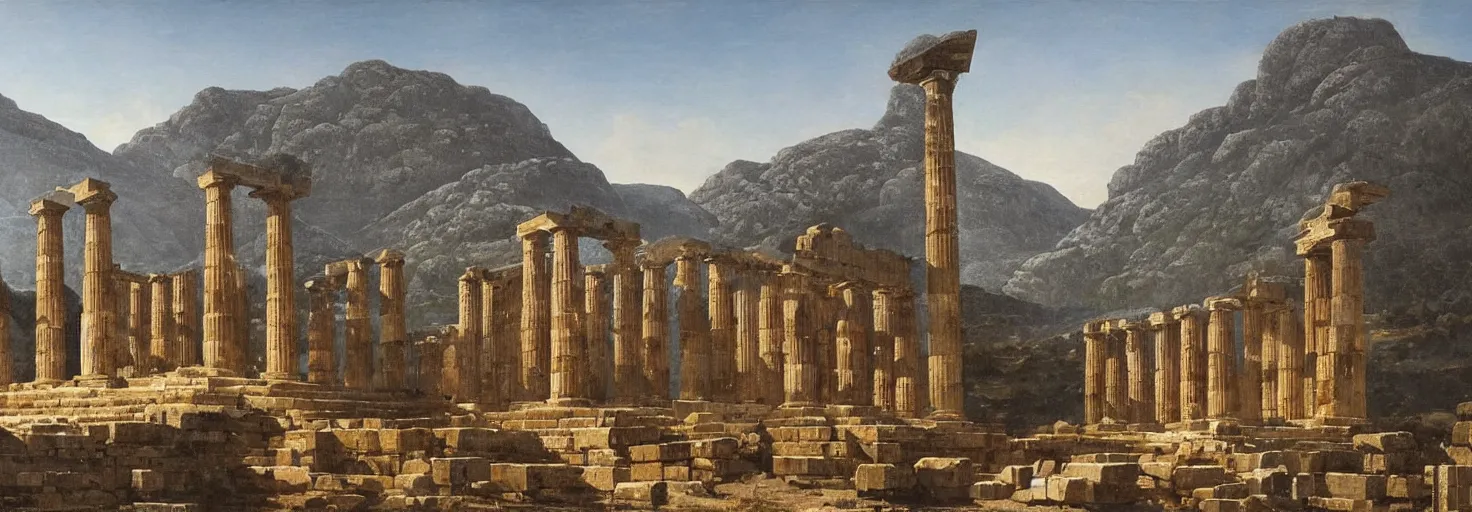 Prompt: an awe - inspiring raphael lacoste and noah bradley landscape painting of the eleusinian mysteries of ancient greece at delphi