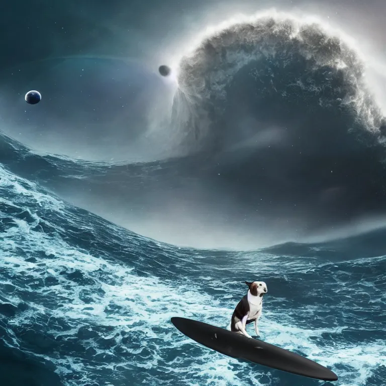 Prompt: photo of a dark gray white small spots coat pit bull with a white paws, surfing on a surfboard in a crashing wave of alien ocean in space, background is an alien galaxy, aliens in the background, alien colors, octane render, unreal engine, wide view, 8 k, high detaild