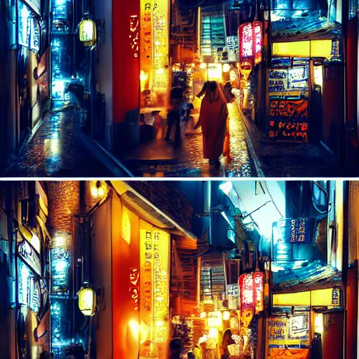 Image similar to japan narrow street with neon signs and a girl with umbrella wearing techwear, digital art, sharp focus, wlop, artgerm, beautiful, award winning,