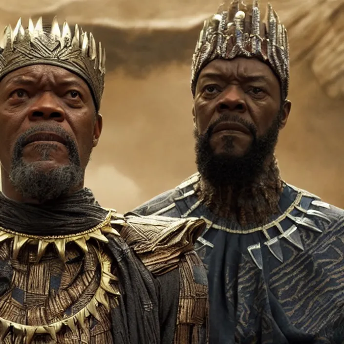 Image similar to film still of Samuel L Jackson as King T-Chaka in Black Panther, 4k