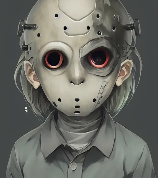 Prompt: beautiful little boy anime character inspired by jason voorhees, art by rossdraws, wlop, ilya kuvshinov, artgem lau, sakimichan and makoto shinkai, horror cinematic composition, anatomically correct, extremely coherent, realistic, mask, smooth, hd, black hair