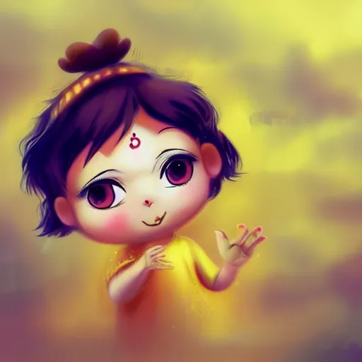 Prompt: baby krishna cute ,chibi style, foggy, clouds ,clear face , golden ratio, rule of thirds, magical effect ,artstation, galaxy