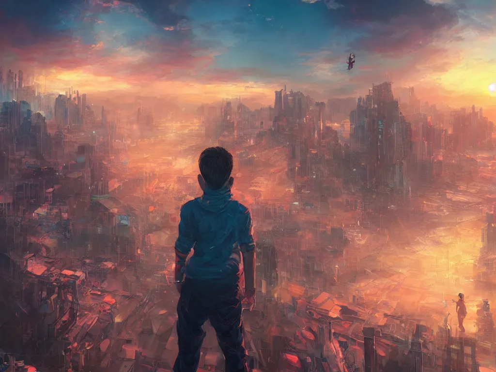 Image similar to a painting of a boy on top of a building watching a colorful sunrise futuristic city surrounded by clouds, cyberpunk art by yoshitaka amano and alena aenami, cg society contest winner, retrofuturism, matte painting, apocalypse landscape, cityscape