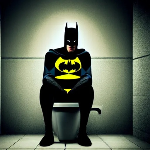 Prompt: close shot photo of batman sitting on a toilet, dirty tiles in the wall, tight room, dramatic lights, dark colours