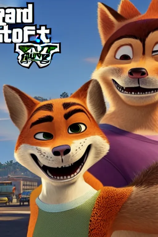 Image similar to Grand Theft Auto: San Andreas loading screen featuring Nick Wilde (from Zootopia)