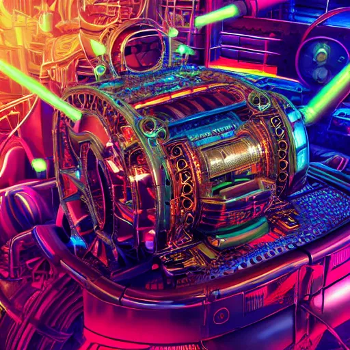 Image similar to album art, album name is tripmachine, photo of a huge futuristic steampunk motor inside a machinery, 8 k, fluorescent colors, halluzinogenic, multicolored, exaggerated detailed, front shot, 3 d render, octane