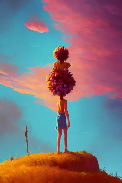 Image similar to closeup, giant flower head, girl standing on cliff, surreal photography, sunrise, blue sky, dramatic light, impressionist painting, digital painting, artstation, simon stalenhag