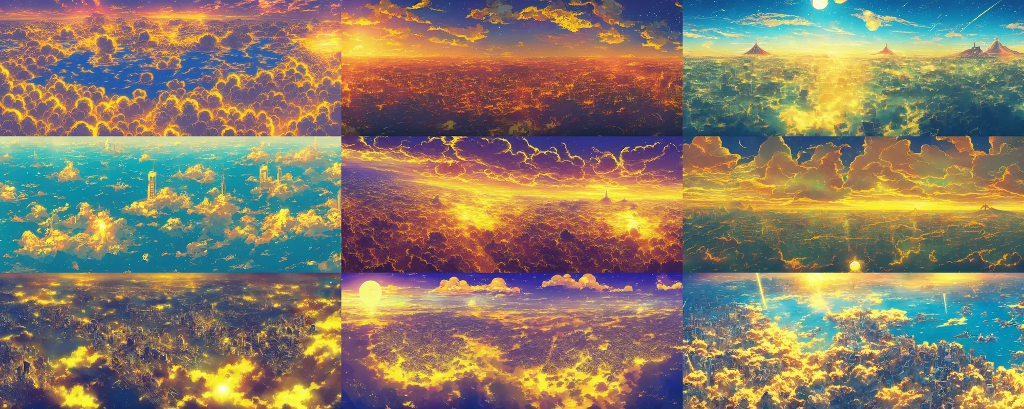 Prompt: wide aerial view of floating city, tokyo, golden hour lighting, golden sky, sunrise, on top of clouds, school of golden tropical fish, serene lighting, stars galaxy, golden colors, harsh light, whales, Your name anime, kaleidoscope, stunning lighting, by makoto shinkai, studio ghibli, botw