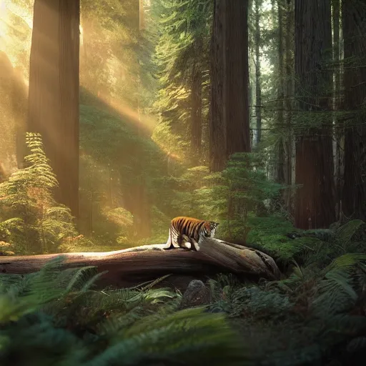 Prompt: tiger in a redwood forest, sunlit, octane render, matte, greg rutkowski, highly detailed, hdr