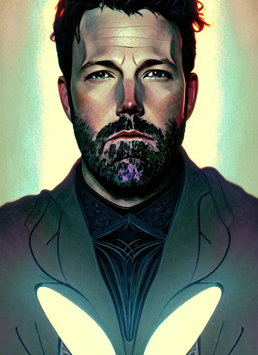 Image similar to portrait of ben affleck, volumetric lights, feast, music notes, art nouveau botanicals, gothic, intricate, highly detailed, digital painting, artstation, concept art, smooth, sharp focus, symmetric face, illustration, steampunk, art by artgerm and greg rutkowski and alphonse mucha