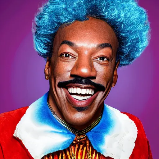 Image similar to photo of eddie murphy as a clown looking at the camera and smiling, hyper - realistic, very detailed, ray tracing, 8 k resolution, long - shot, sharp focus, low angle, 8 5 mm photograph, wide lens