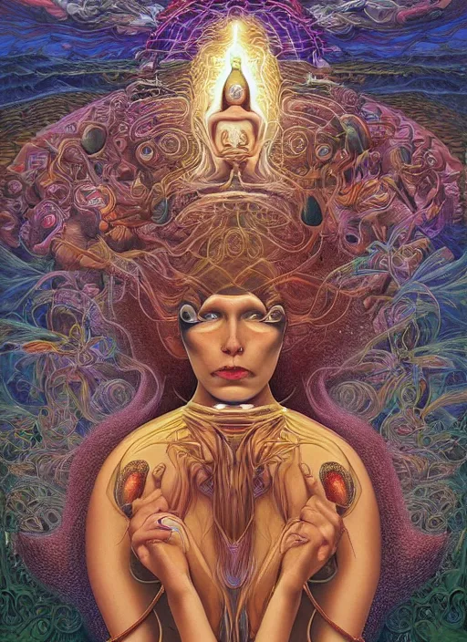 Image similar to portrait ultra dimensional enlightened cult woman shaman, enlightenment tripping on dmt, psychedelic experience, surrealism masterpiece composition, by michael parkes, casey weldon, barclay shaw