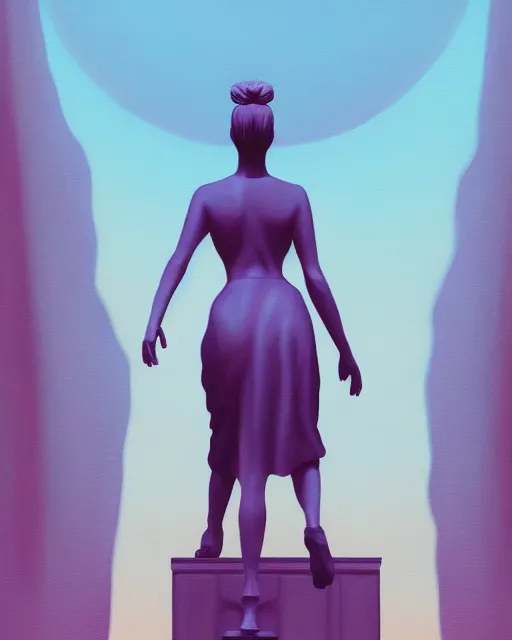 Image similar to a painting of a woman standing in front of a statue, a screenshot by stanley twardowicz, cgsociety, aestheticism, aesthetic, vaporwave, anime aesthetic