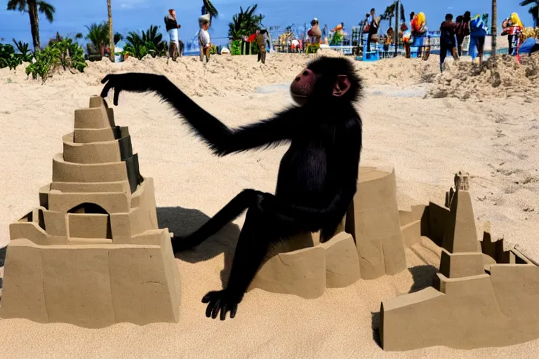 Image similar to a monkey touching a completed sand castle