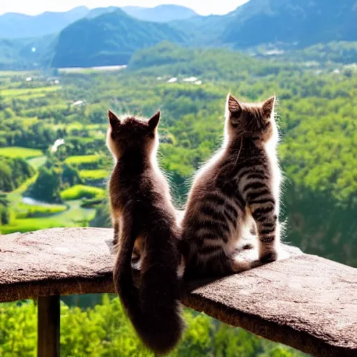 Prompt: group of kittens sitting on a chair at the top of a mountain looking out over a river in a valley