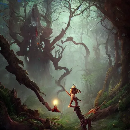 Image similar to the court jesters wife lost in the woods, pretty, beautiful, hyper realistic fantasy painting, deviantart artstation, by jason felix by steve argyle by tyler jacobson by peter mohrbacher, cinematic, magical