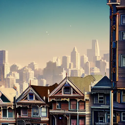 Prompt: a photograph of the painted ladies in san francisco planet of the apes foggy runes artstation cyberpunk dreamscape high definition