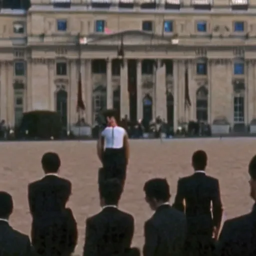 Prompt: still of emmanuel macron clones, invading place de la concorde, in american psycho ( 1 9 9 9 ), sunset