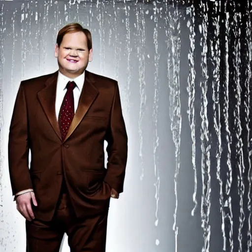 Image similar to Andy Richter is wearing a chocolate brown suit and necktie. Andy is standing under a running shower. The suit and necktie are soaking wet.