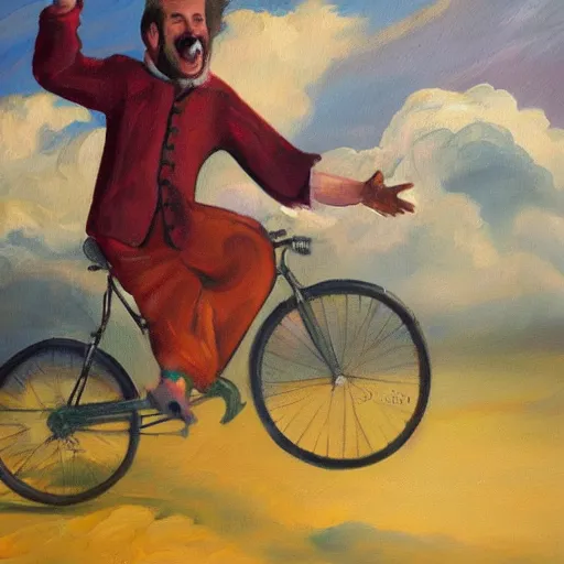 Image similar to A painting of a joyful man riding a bicycle in the clouds, action shot, subject is smiling, expressive oil painting