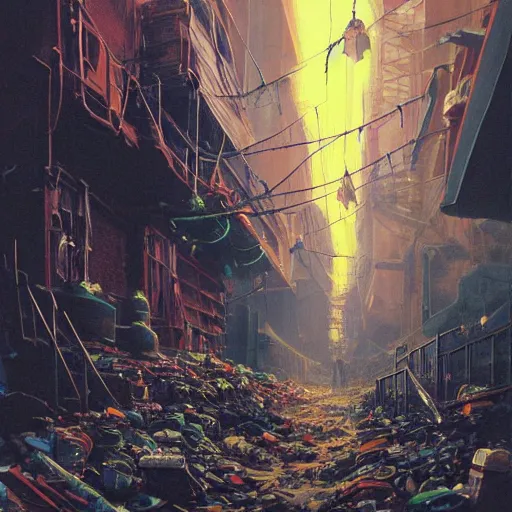 Prompt: a spectacular painting of an aetherpunk alleyway where an evil miasma is rising up from among the piles of refuse on a dark night : 2. 5, by paul cadden and chris foss : 2, nib pen and gouache : 2, photorealistic urban : 2, trending on artstation : 3