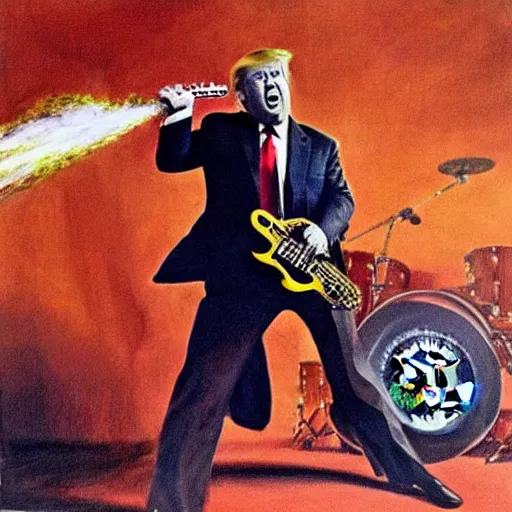 Prompt: President Trump Shredding on an electric guitar in the style of Frank Frazetta