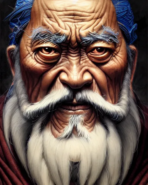 Image similar to uncle iroh from avatar the last airbender, character portrait, portrait, close up, concept art, intricate details, highly detailed by greg rutkowski, michael whelan and gustave dore