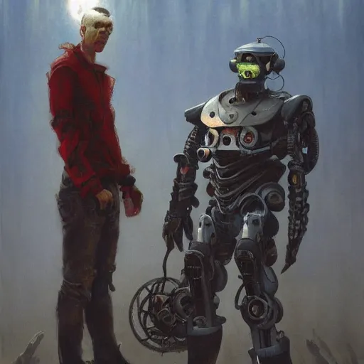 Image similar to barry wyatt and anthony beks and robots in morning misty misty japanese post - apocalyptic post - apocalyptic sci - fi painting by gerald brom trending on artstation my head got chopped off and replaced with iceberg