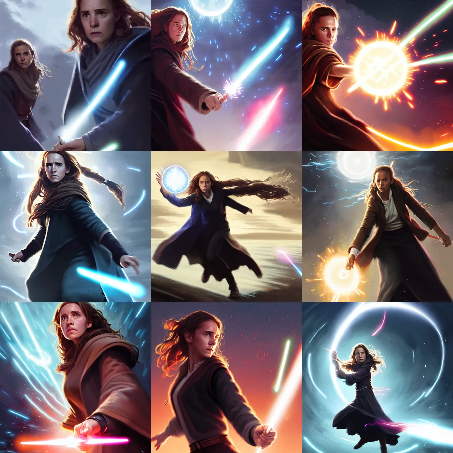 Prompt: hermione granger throwing a magical energy ball at liam neeson / qui - gon jinn, digital art by greg rutkowski