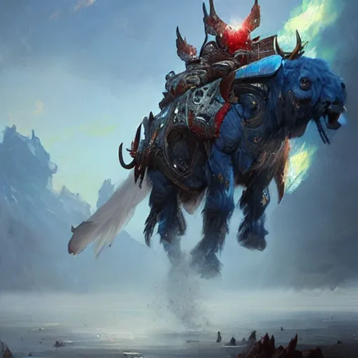 Prompt: mechanized majestic buffalo coated with blue, white and red body armor, digital art, realistic, ultradetailed, concept art, art by greg rutkowski and thomas kinkade, trending on artstation, devianart, cgsociety