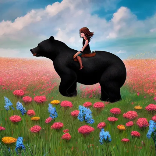 Prompt: girl riding a giant black bear in a field of flowers, trending on artstation