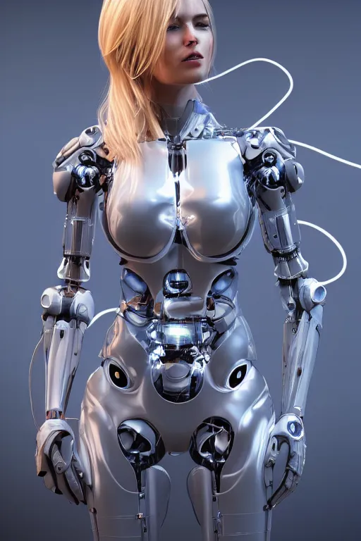 Image similar to a beautiful woman with blonde hair wearing robot suit with wires and light, highly detailed, photorealistic, artstation, smooth