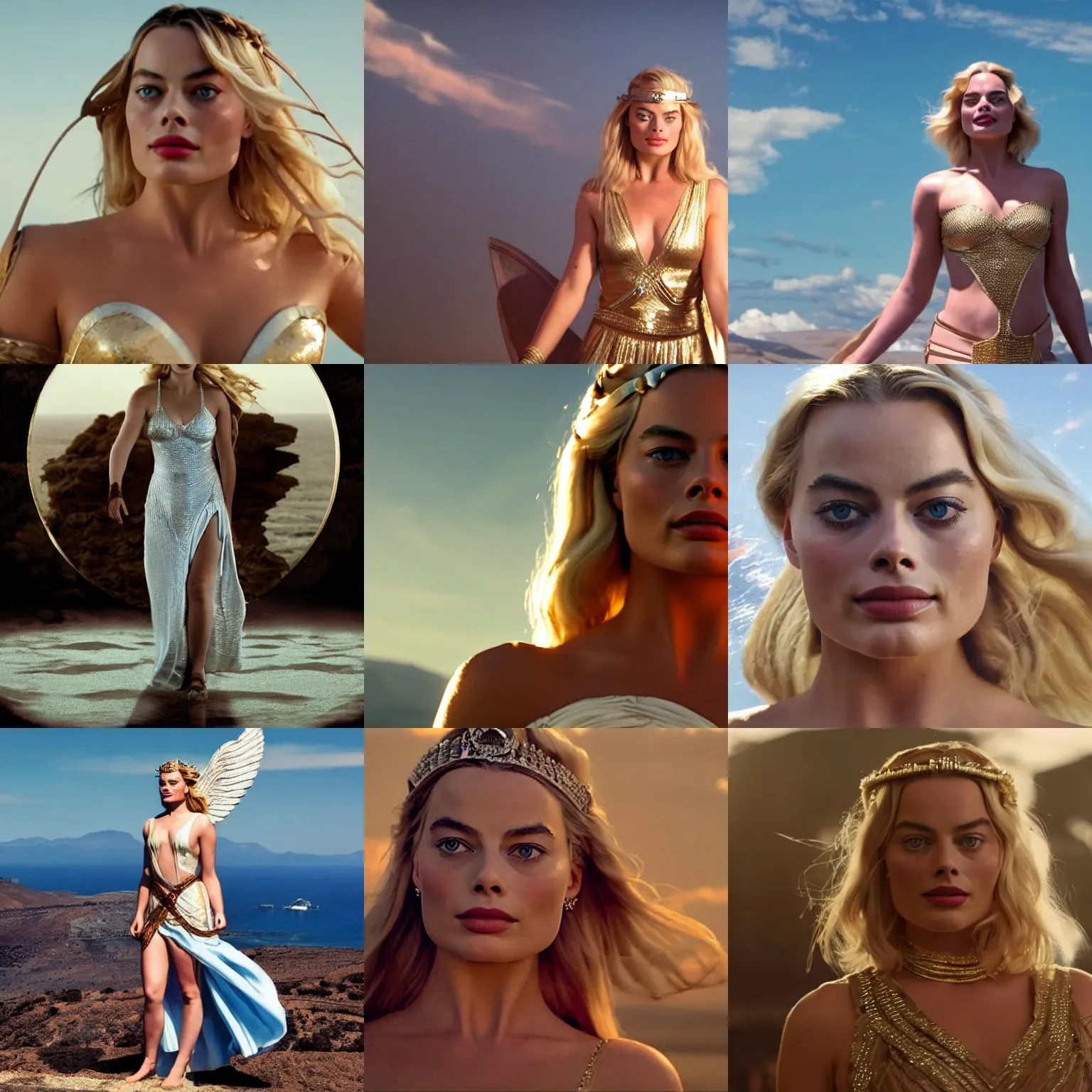 Prompt: margot robbie as a hot Greek goddess in the sky, cinematic