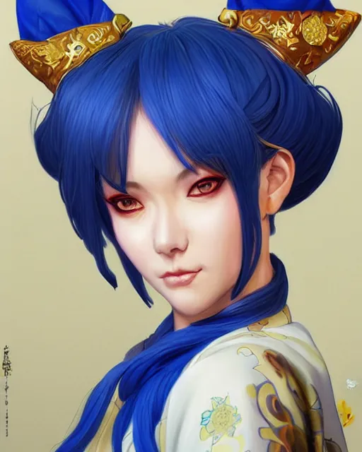 Prompt: Ssunbuki as a woman with fox ears and a royal blue kimono with gold flowers, Yakuza, visualartzi, korean, concept art by Karla Ortiz, James Paick, Charlie Bowater, Krenz Cushart, highly detailed, ultra detailed, ultra realistic, trending on artstation, cgstudio