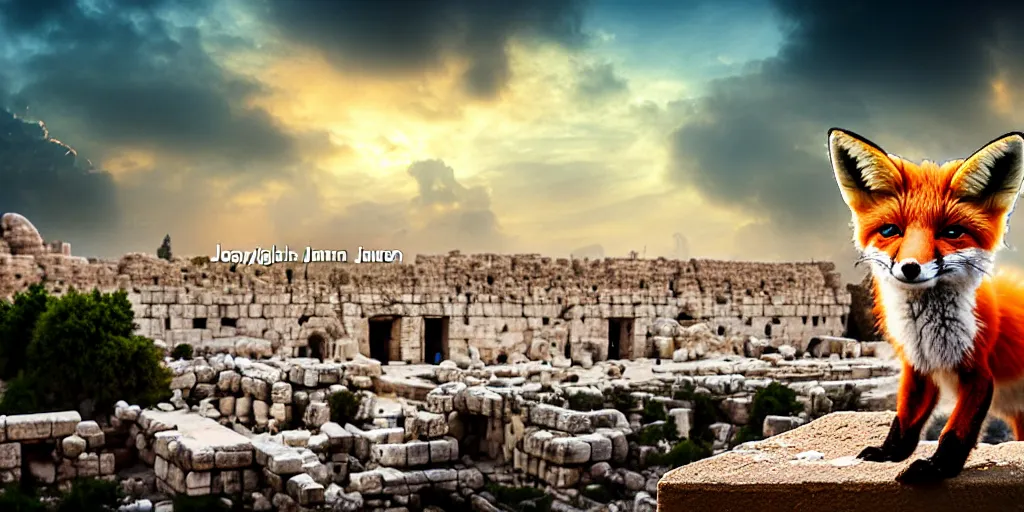 Image similar to a adorable small fox in the huge ruins of the second temple in jerusalem in the distance. the third temple hovers quietly hiding in the dreamy clouds above. a hooded bearded old man in a brown tunic laughing, colorful 8 k, art station, intricate superb details, digital art, cinematic, bokeh dof sky, by jim warren.