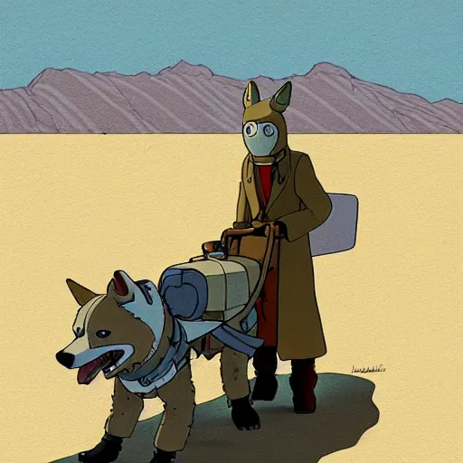 Image similar to a study of cell shaded cartoon of a grey robot sled dog from howl's moving castle ( 2 0 0 4 ) on a desert road, full body, wide shot, very muted colors, post grunge, studio ghibli, laurie greasley, highly detailed, deviantart, art by artgem