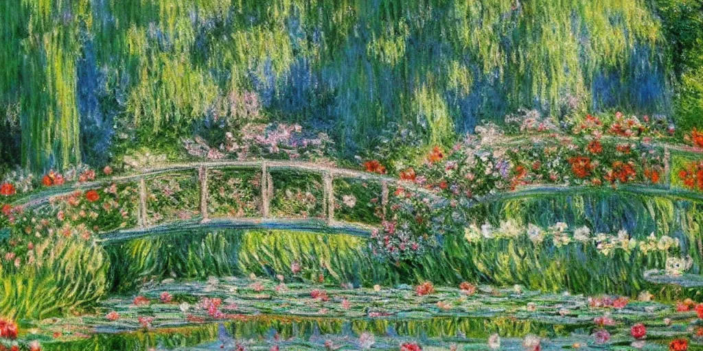 Image similar to serene fairy garden in the style of claude monet, beautiful intricate masterpiece, hyper detailed, hd