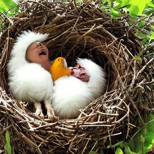 Prompt: babies in a bird nest being fed by a giant bird
