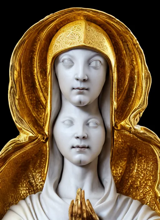 Prompt: a medieval female nun, elegant, filigree renaissance sculpture from gold and marble, brilliant symmetry, created by verrocchio andrea, leonardo da vinci, sandro botticelli, raffaelle monti, epic 7 0 mm lens shot, artstation trending, photorealism, sharp focus, smooth, establishing shot, sense of awe